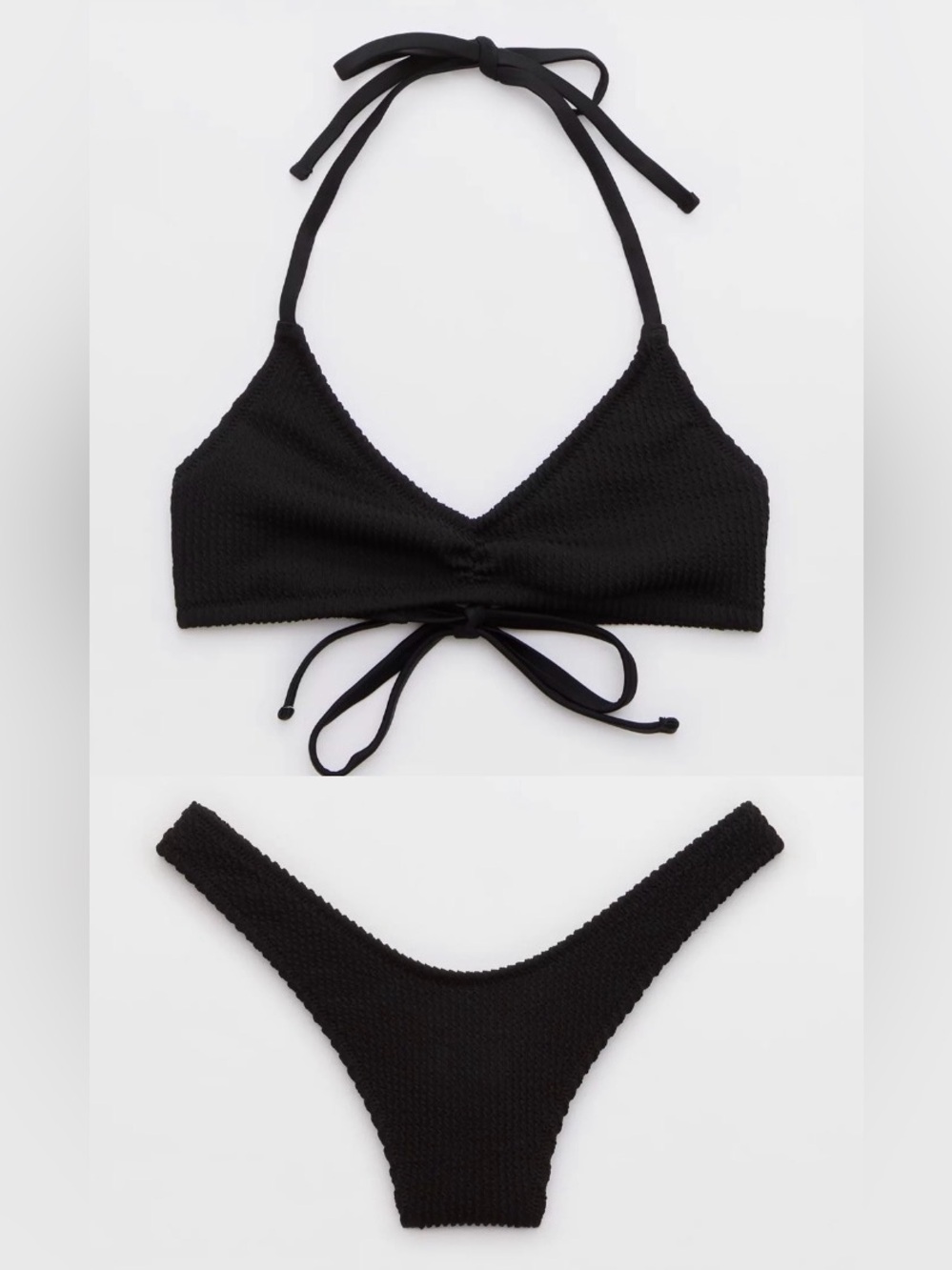 NWT Aerie FULL SET Crinkle Halter Voop Bikini Top + Thong Bottom in Black - S